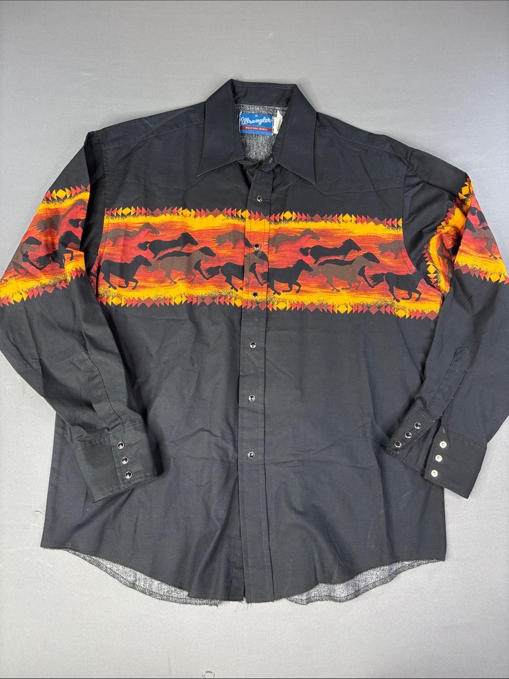 Wrangler Western Shirt Mens Extra Large Pearl Snap Black Horses Rodeo Cowboy Sun